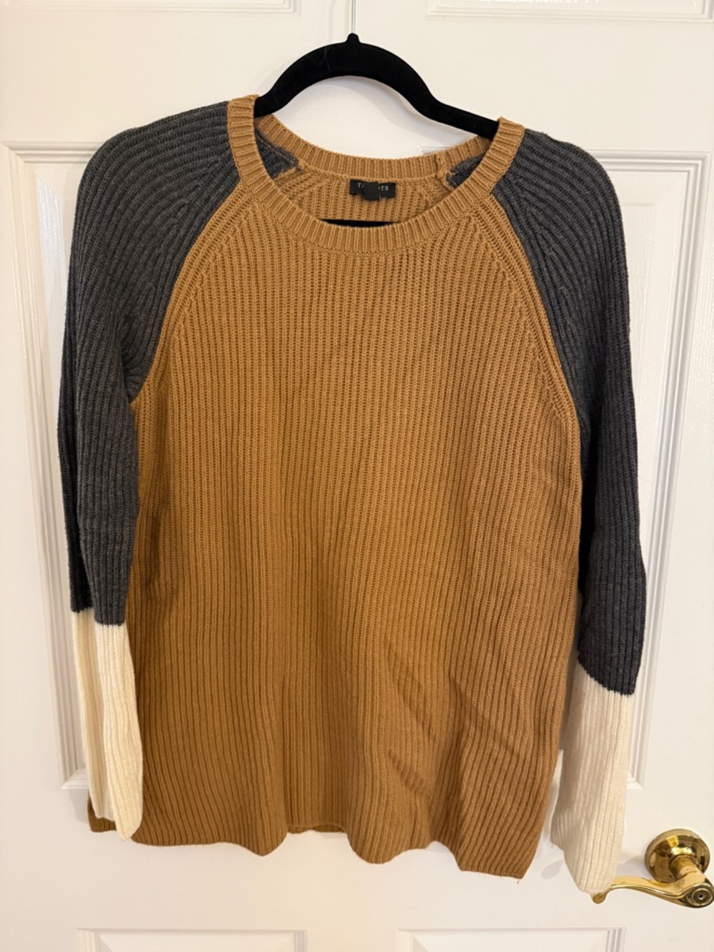 Talbots Camel Ribbed Knit Sweater with Grey and White color block